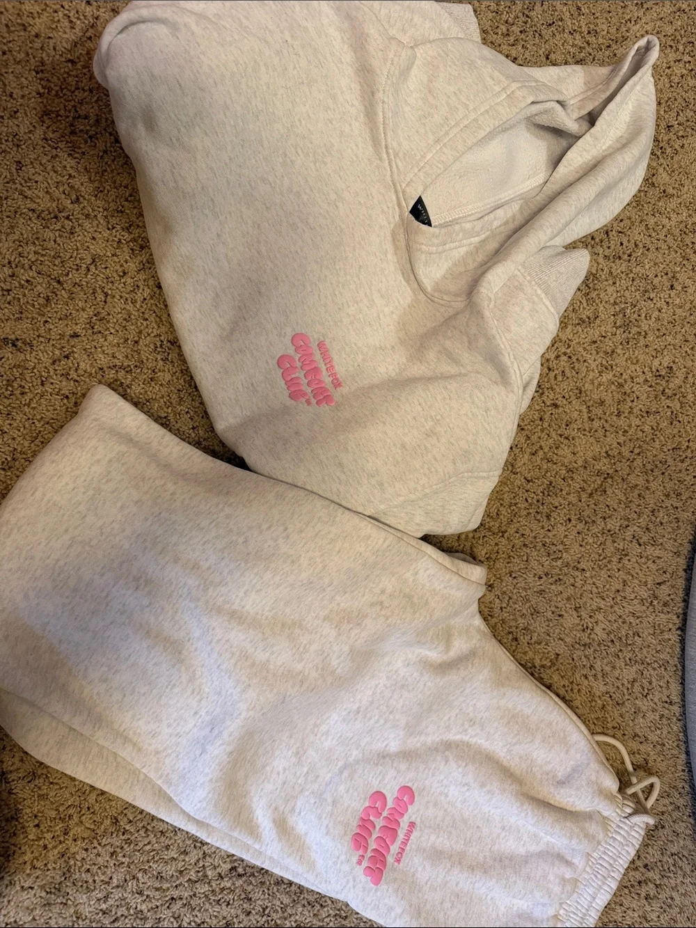 White Fox Boutique Cream Pullover Hoodie & Joggers Set with Pink Logos